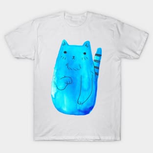 Striped Tail Blue Watercolor Cat T-Shirt